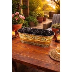 Vintage Embossed Oval Metal Planter Gold Verdigris Cachepot 18.5"